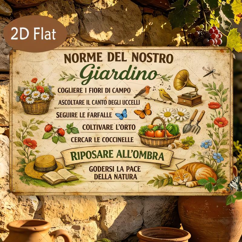 Blikken Bord Norme Del Nostro Giardino Italiaanse Tuinregels Bloemenkruiden Vlinders Wanddecoratie Vintage Retro Metalen Bord voor Patio