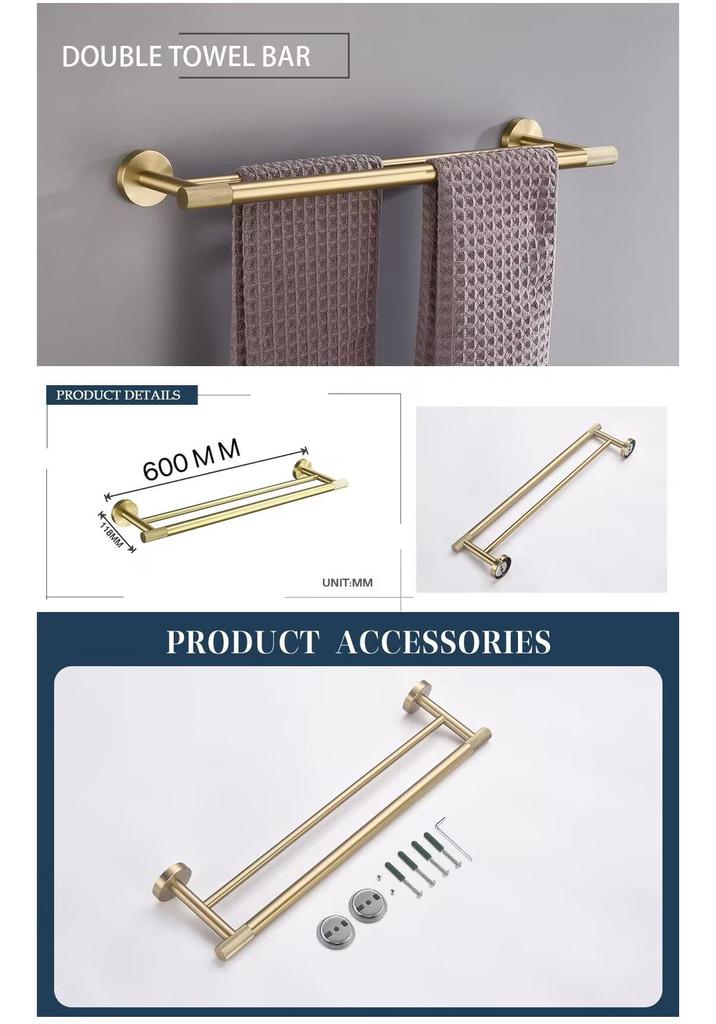 Luxury Brushed Gold Bathroom Accessory Set: Towel Rack, Bar, Paper Holder, Hook, Soap Dispenser.