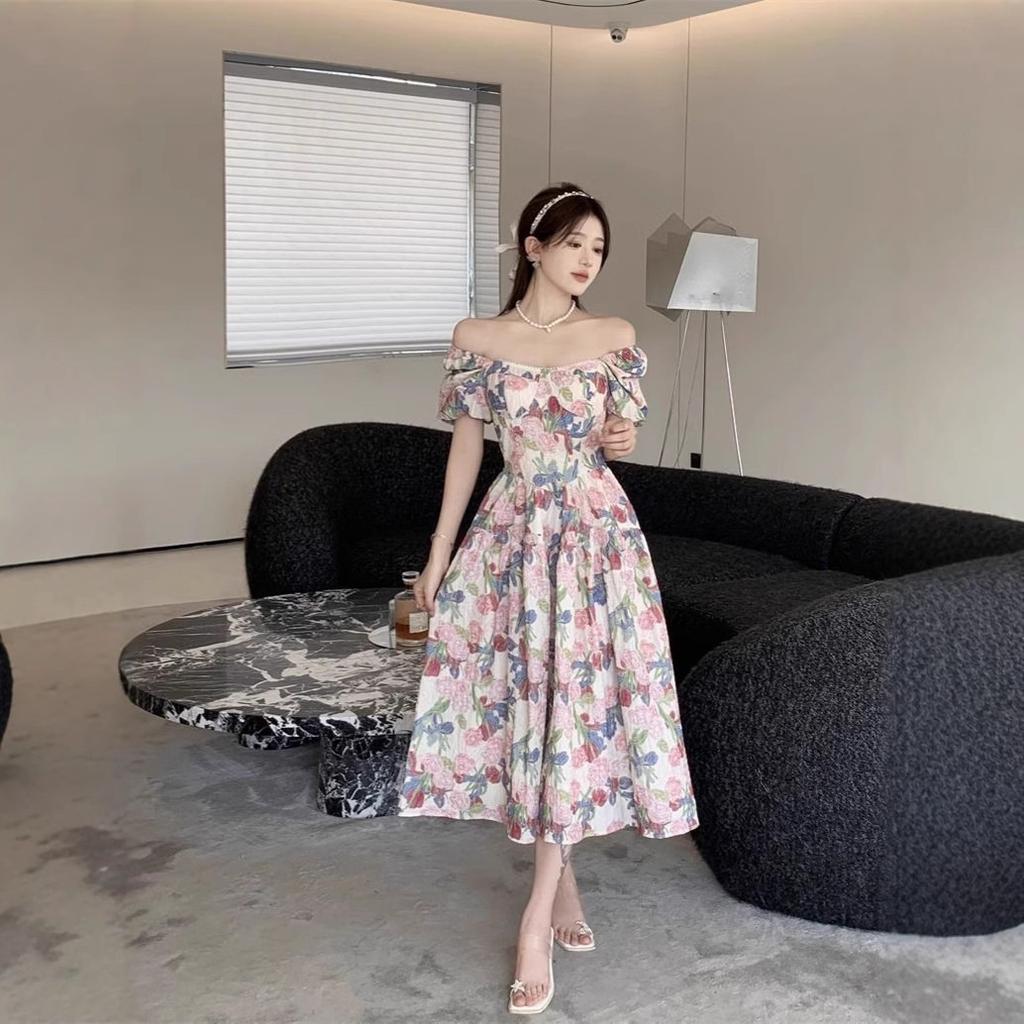Summer New Skirt Women's Super Beautiful Chic Beautiful Tea Break French Square Neck Bubble Sleeve Floral Dress