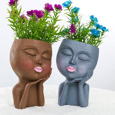 Blumentopf mit Gesicht, Dornröschen, glatter Rand, menschliches Gesicht, Stütze, Wange, flacher Kopf, dekoratives Kunstharz, Pflanzengesicht, Übertopf für drinnen und draußen, Gartenbedarf