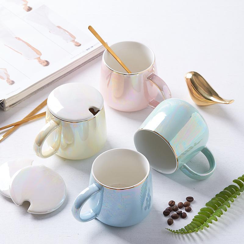 High-Value Ceramic Water Cup With Lid And Spoon, Household High Temperature Resistant Office Small Fresh And Simple Wind Cup