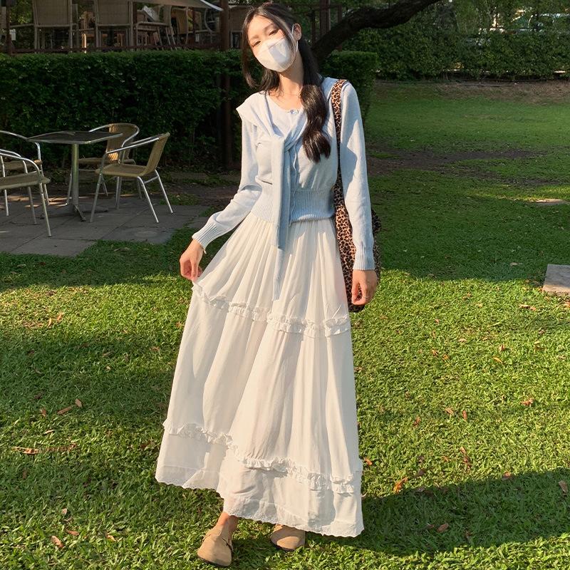 White Wood Ear Cake Skirt for Women's In Summer New Lace Skirt High Waist Slim-fit A-line Long Skirt