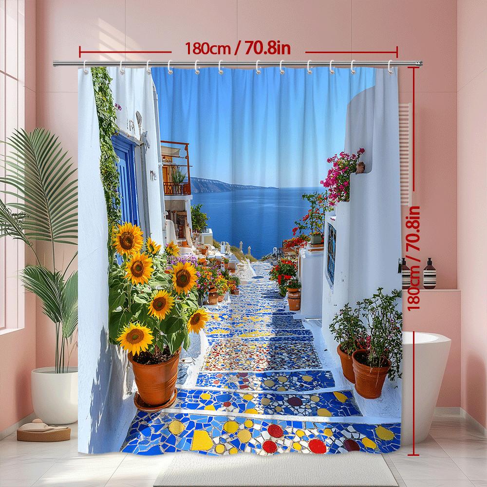 Mediterranean Street Shower Curtain Blue White Villa Sea View Sunflowers Greek Style Bathroom Decor Waterproof Quick Setup