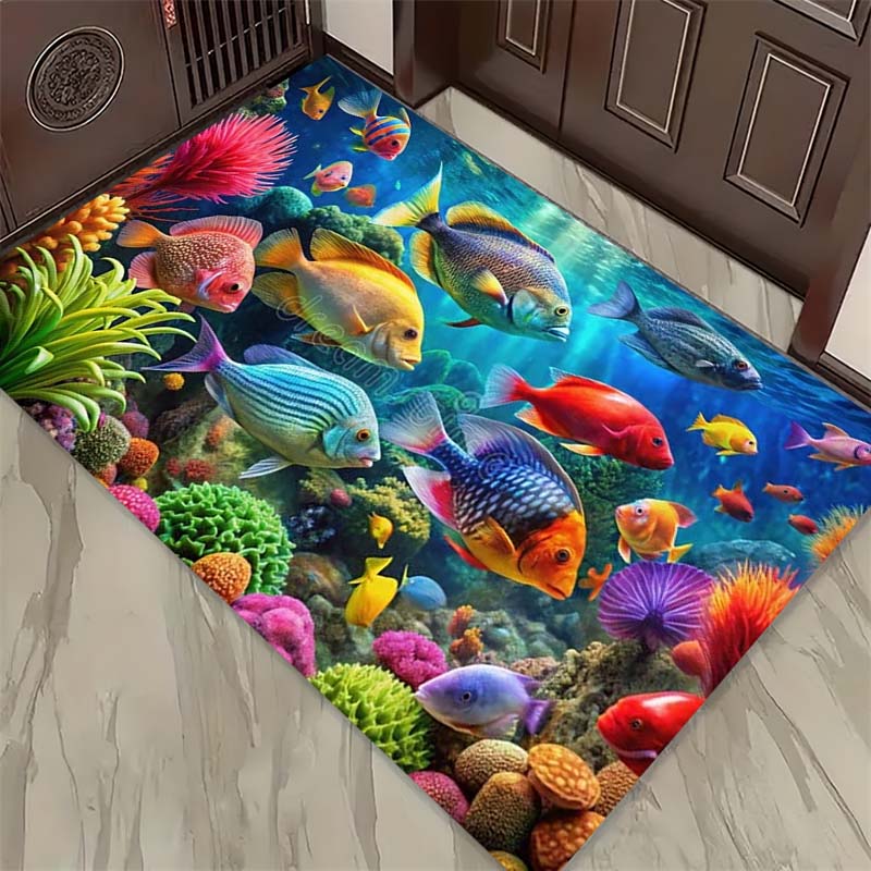 Ocean Life Print Doormat, Non-Slip Entrance Floor Mat with Sea Turtle, Dolphin & Octopus Design, Indoor Rug for Sea Lovers