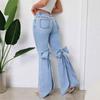 Women's High Rise Bow Flare Jeans Slim Fit Streetwear Split Hem Spliced Denim Trousers