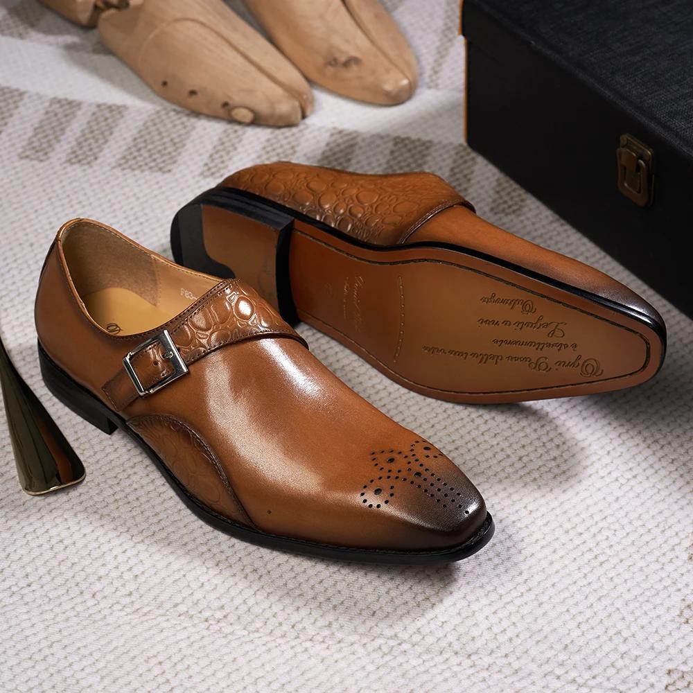 Fashion Luxury Men's Genuine Leather Monk Strap Shoes Cowhide Business Office Formal Dress Shoes with Buckle Italian Style for Weddings