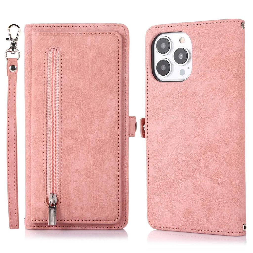 For iPhone 15 Pro Case Zipper Pocket 9 Card Slots PU Leather Phone Cover with Wrist Strap