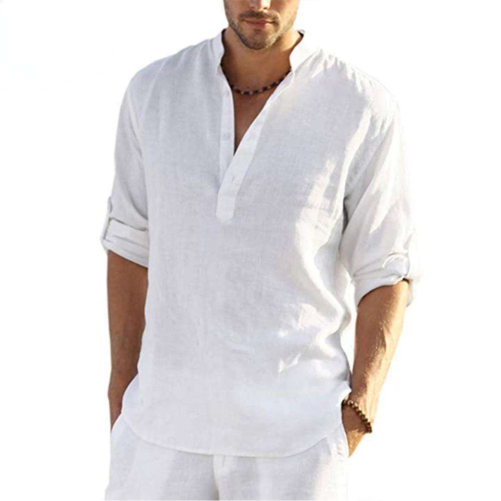 New Men's Casual Shirt Cotton and Linen Shirt Loose Top Long Sleeve T-shirt Spring and Autumn Casual Handsome Shirt