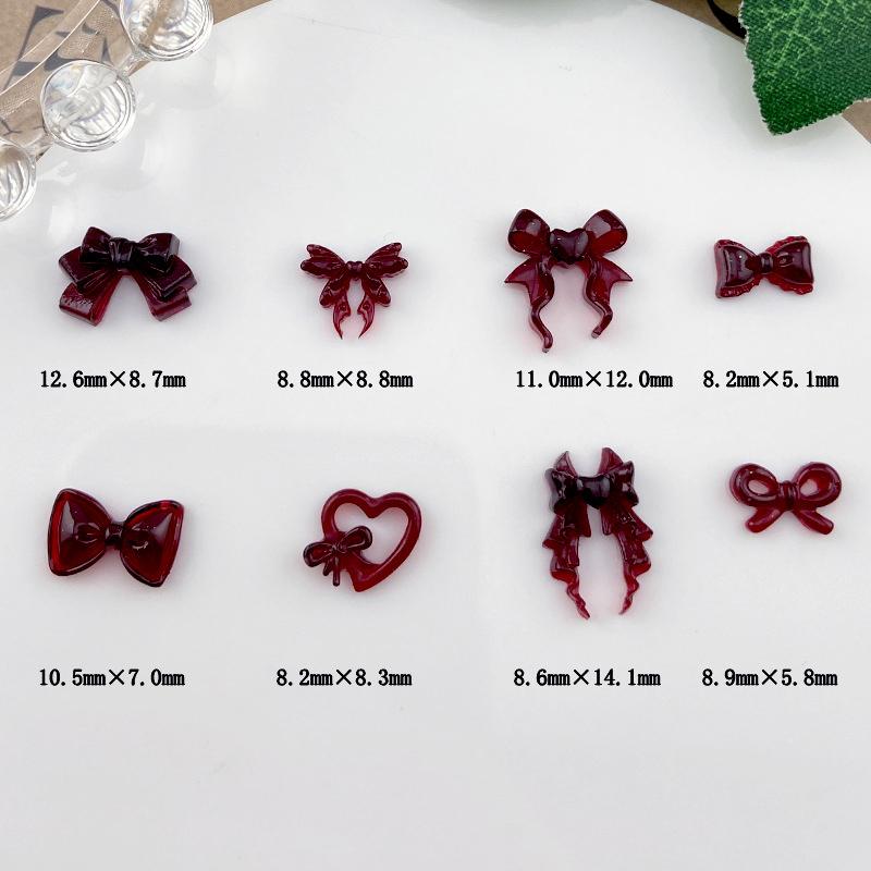 20Pcs Wine Red Resin Bow Nail Charm Bulk Mix Size 3D Ribbon Bowkont Mini Kawaii Nail Art Accessories Diy Cute Nails Decorations