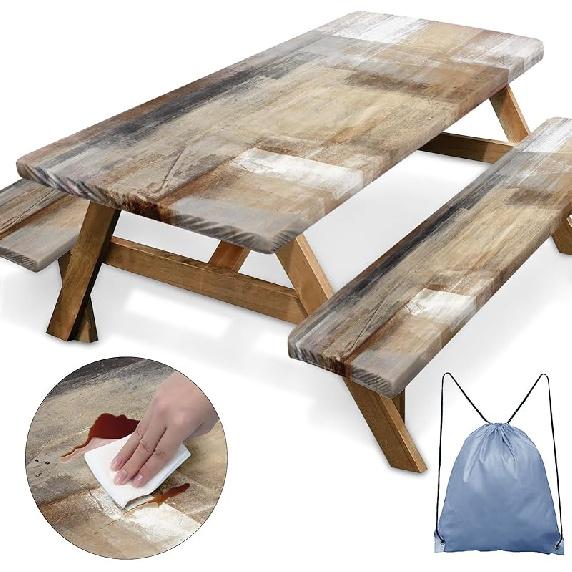 Sunflower Wooden Picnic Table Cover with Bench Covers, Rustic Summer Floral Farmhouse Outdoor Camping Essentials 6FT 3PCS Fitted Rectangle RV Must