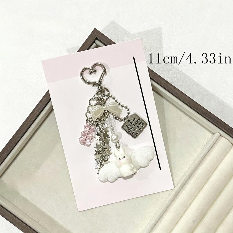 Süßer Engel-Hase Schlüsselanhänger Weicher Plüsch Anhänger Schleife Stern Charme Kawaii Rucksack Ornament für Mädchen Tägliche Nutzung