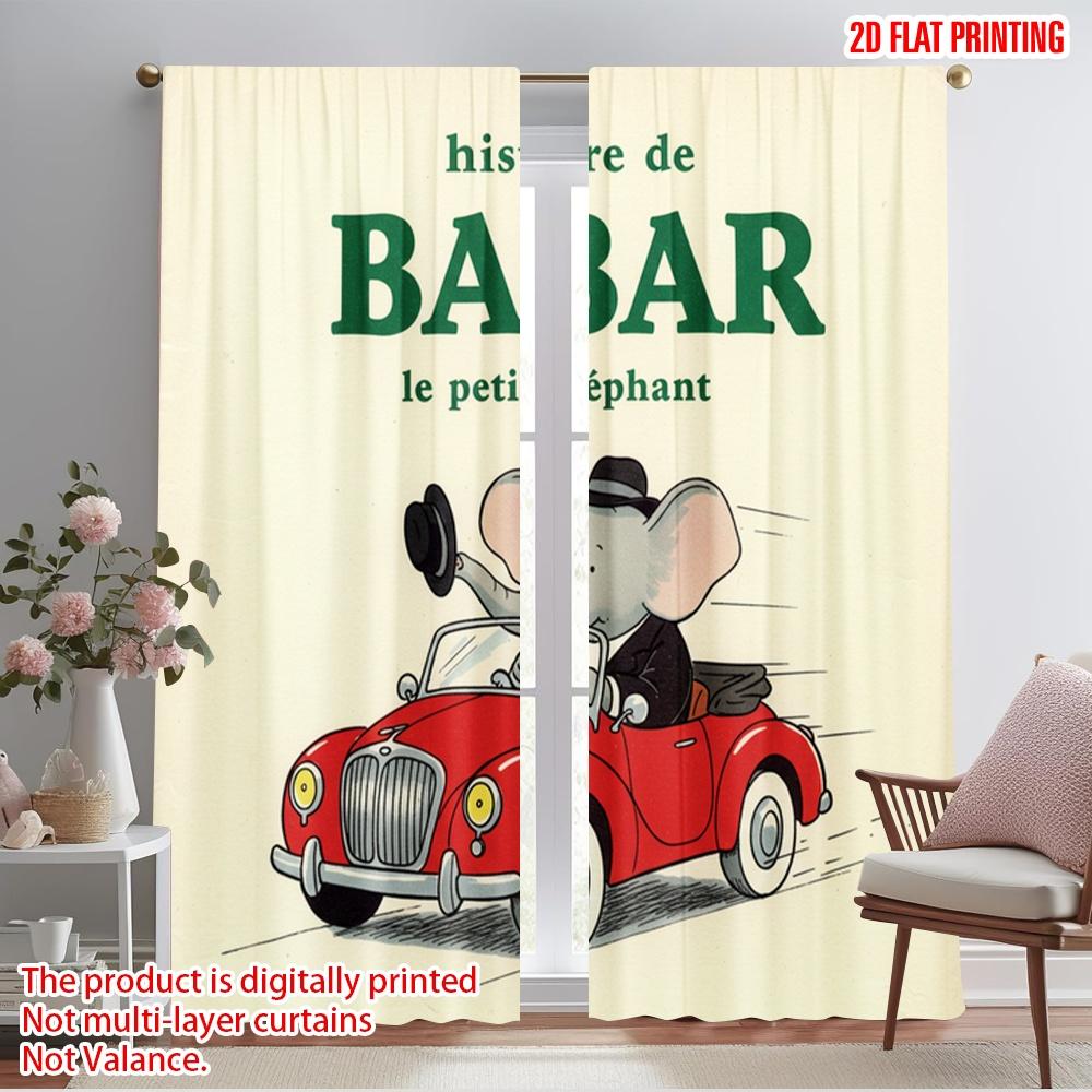 

2pcs 2D flat printing Scene Curtains Histoire Babar Elephant Car 100% Polyester Fabric Without Electricity 0 Use for Holiday 52.50×116.00 CM 2pcs