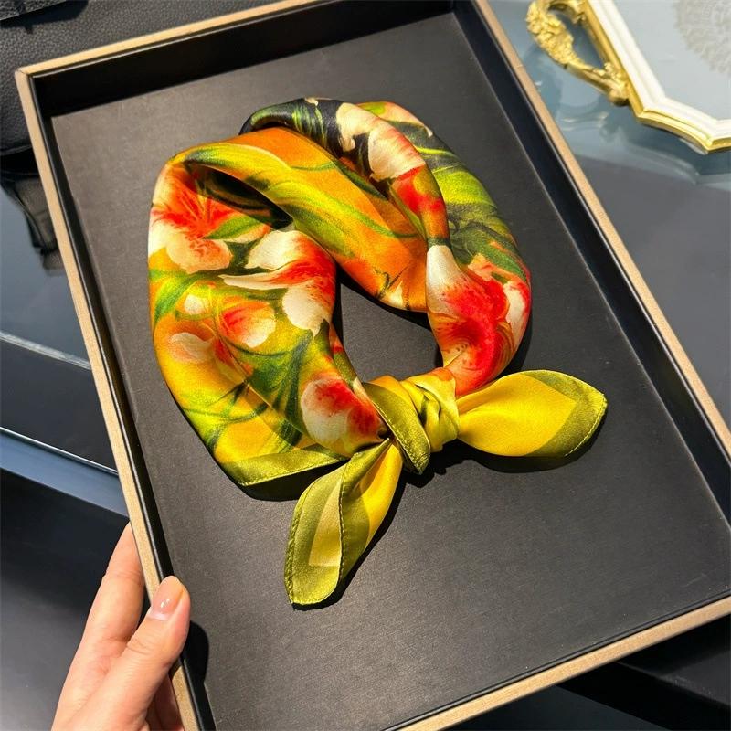 100% Pure Silk Scarf Women Neck Hair Band Foulard Square Small Headband  Fashion Print Neckerchief Scarves Bandana 53*53cm