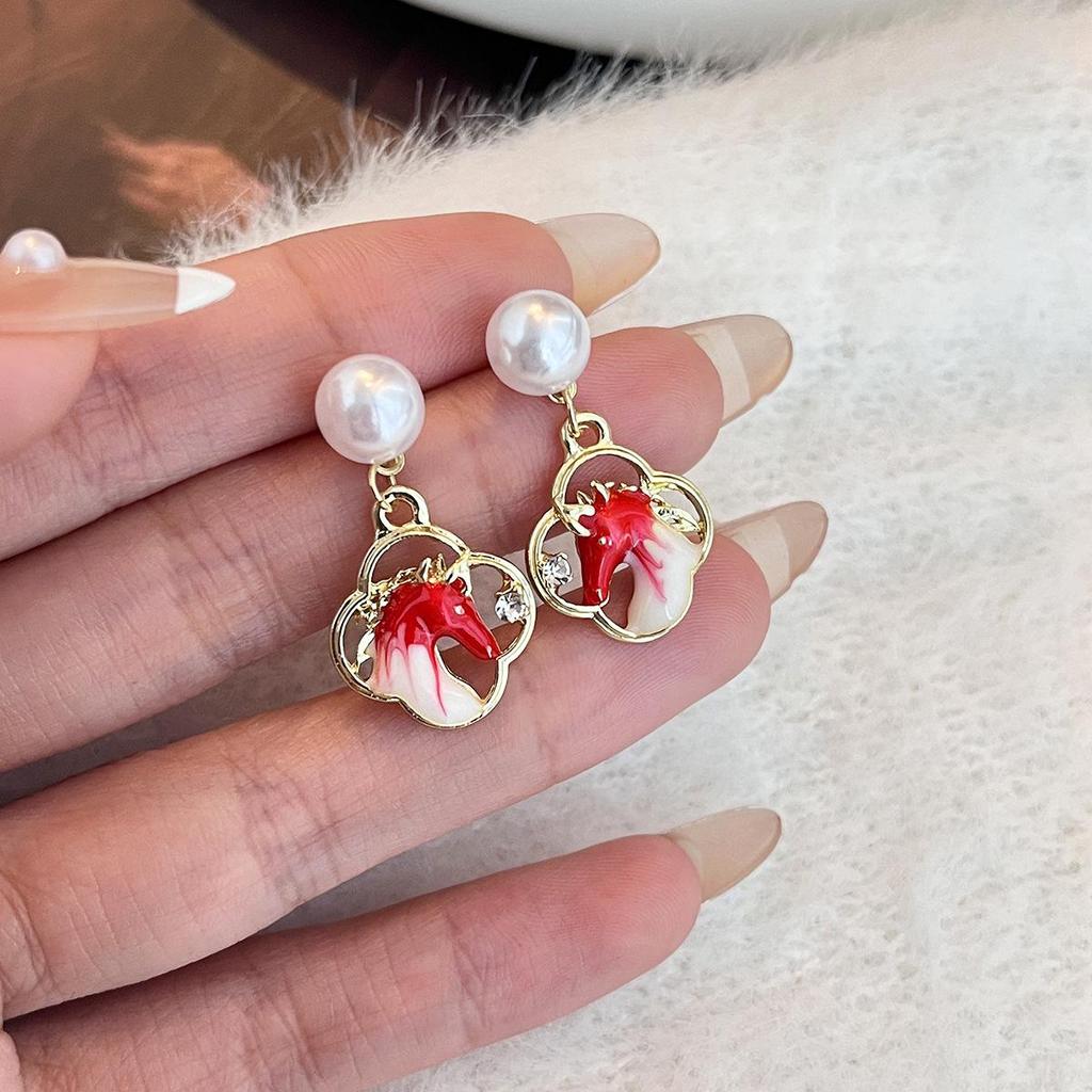 Year of the Horse 925 Sterling Silver Diamond Enamel Stud Earrings with Pearls - Retro High-End Design