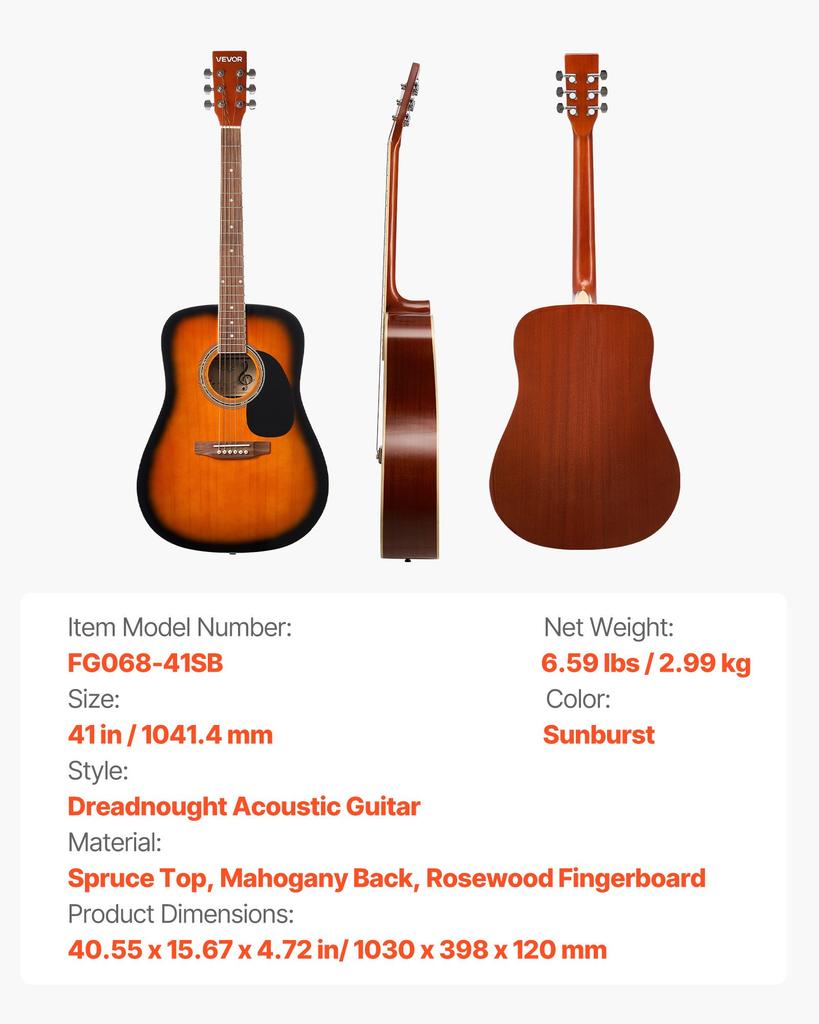 VEVOR 41 in / 1041.4 mm Dreadnought Acoustic Guitar Beginner Bundle Gig Bag Adult Sunburst