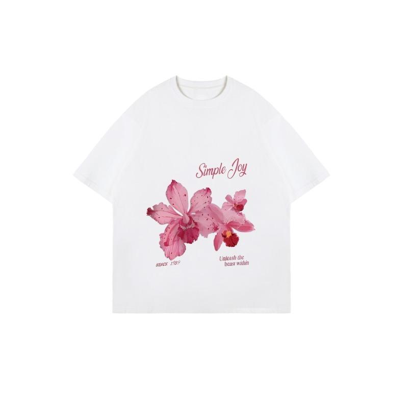 Nadměrné dámské tričko s krátkým rukávem s potiskem růžové orchideje a textem "Simple Joy Unleash the beast within"