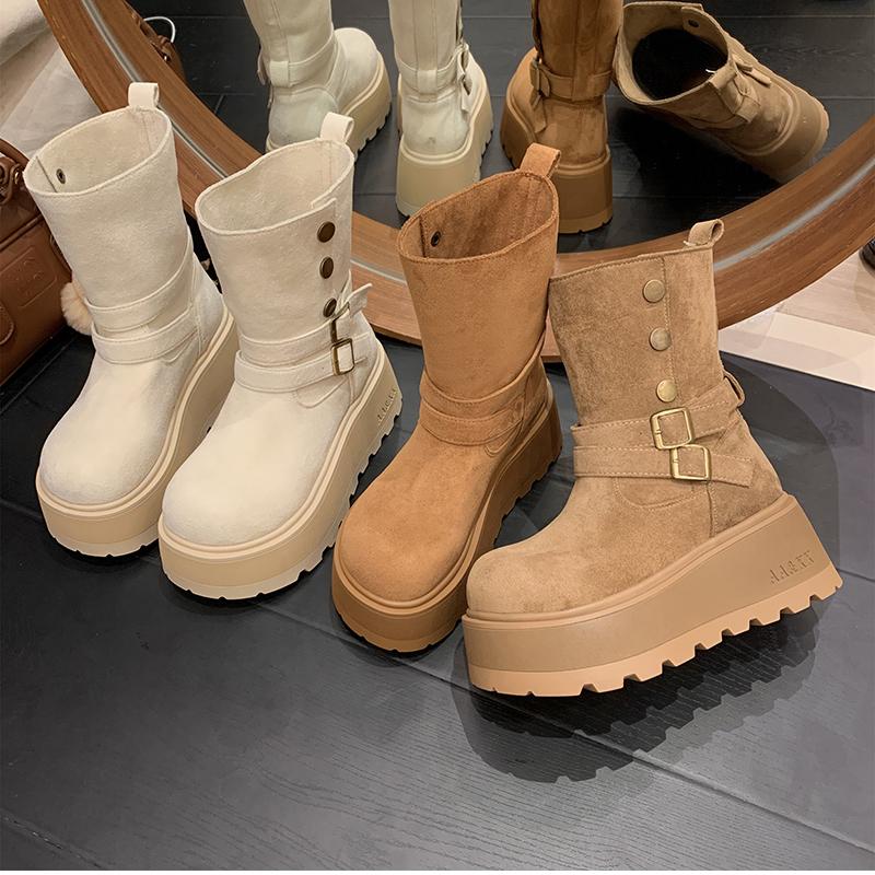 Fashion Winter Platform Thick Bottom Women Ankle Boots Height Increase Punk Women's Shoes Female Belt Buckle Slip On Short Booties