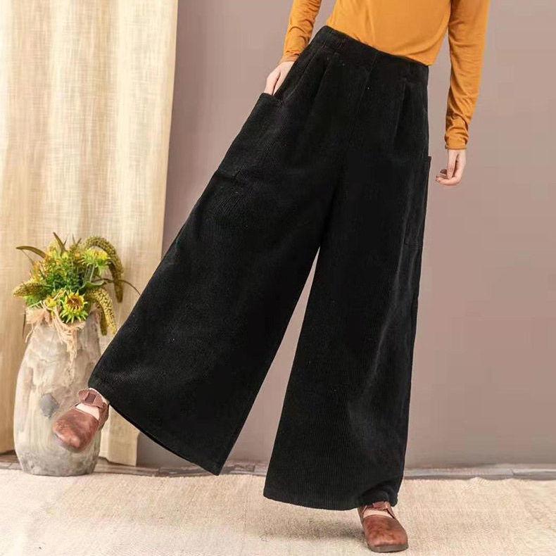 Женские вельветовые широкие брюки, однотонные длинные брюки в стиле ретро, ​​женские свободные коричневые брюки M чёрный
