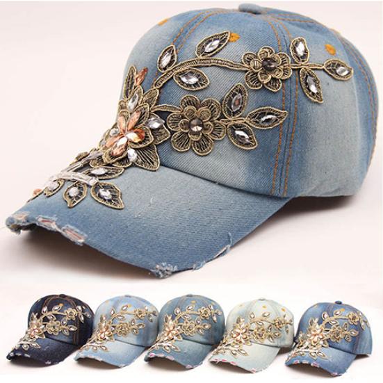 Flower Embossed Rhinestone Denim Baseball Cap Summer Fashion Women Jeans Hat