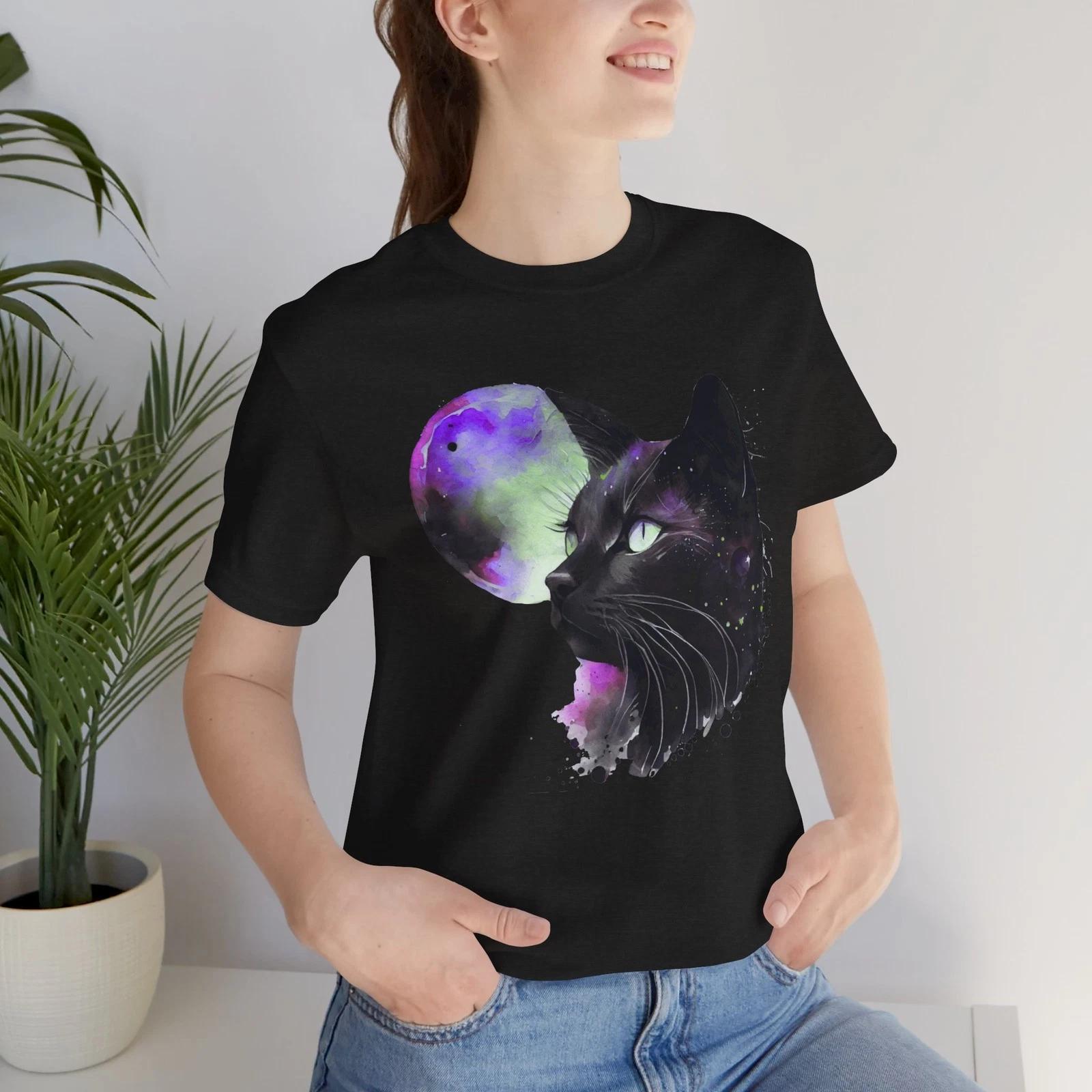 Black Cat Moon T-Shirt | Cosmic Watercolor Cat 2XL