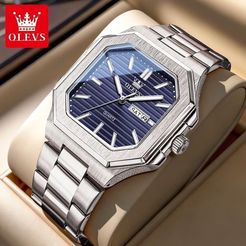 OLEVS Watch Luxury Man Original Square Quartz Watch Stainless Steel Waterproof Luminous Week Date Watches For Man
