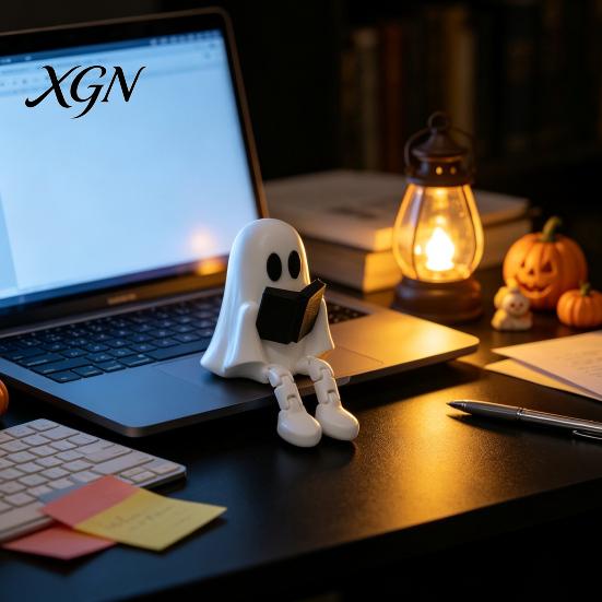 Desktop Ghost Figurine Reading with Articulated Legs, 3D Printed Sitting PLA Ornament Statue, White Desk for Halloween Decoration Miniature Decor