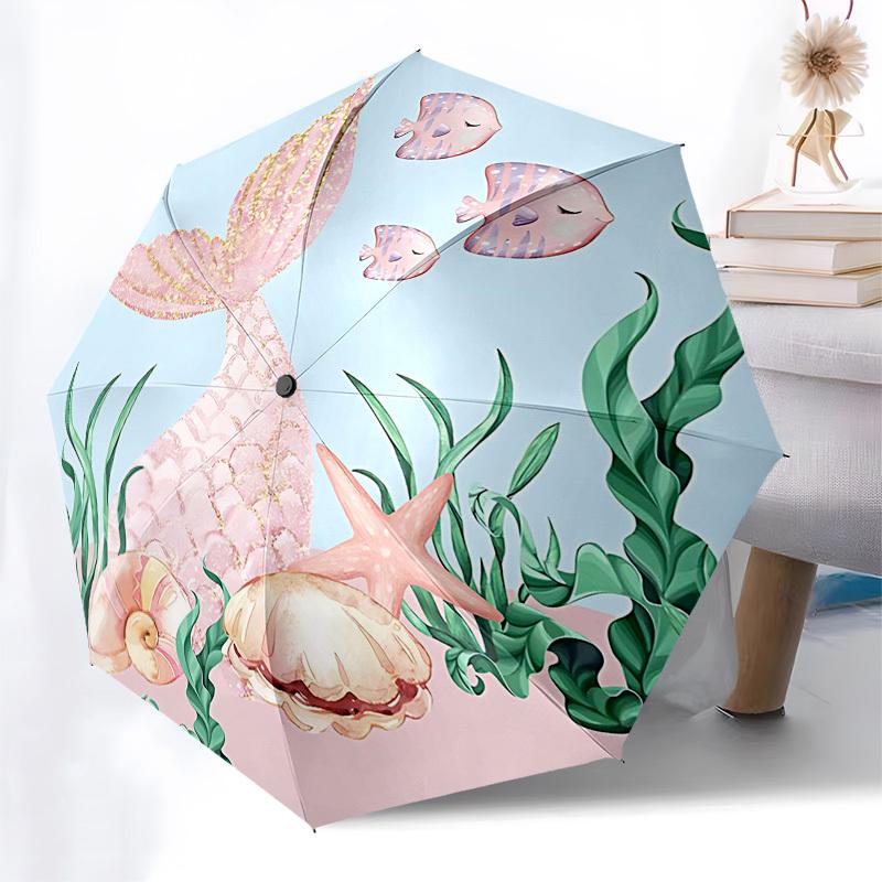 1PC Mermaid Shell Umbrella-8-Rib Reinforced Portable Folding Travel Suitable for All Seasons Outdoor Daily , Fun Design-Z0414
