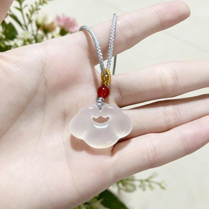 Natural White Ice Jade Chalcedony Agate Cloud Ruyi Peace Lock Pendant Necklace - Ancient Style Light Luxury for Couples