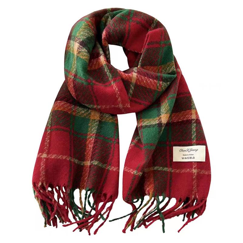 Women's Christmas Plaid Scarf - Autumn/Winter Korean-Style, Versatile Imitation Cashmere Shawl with Tassels