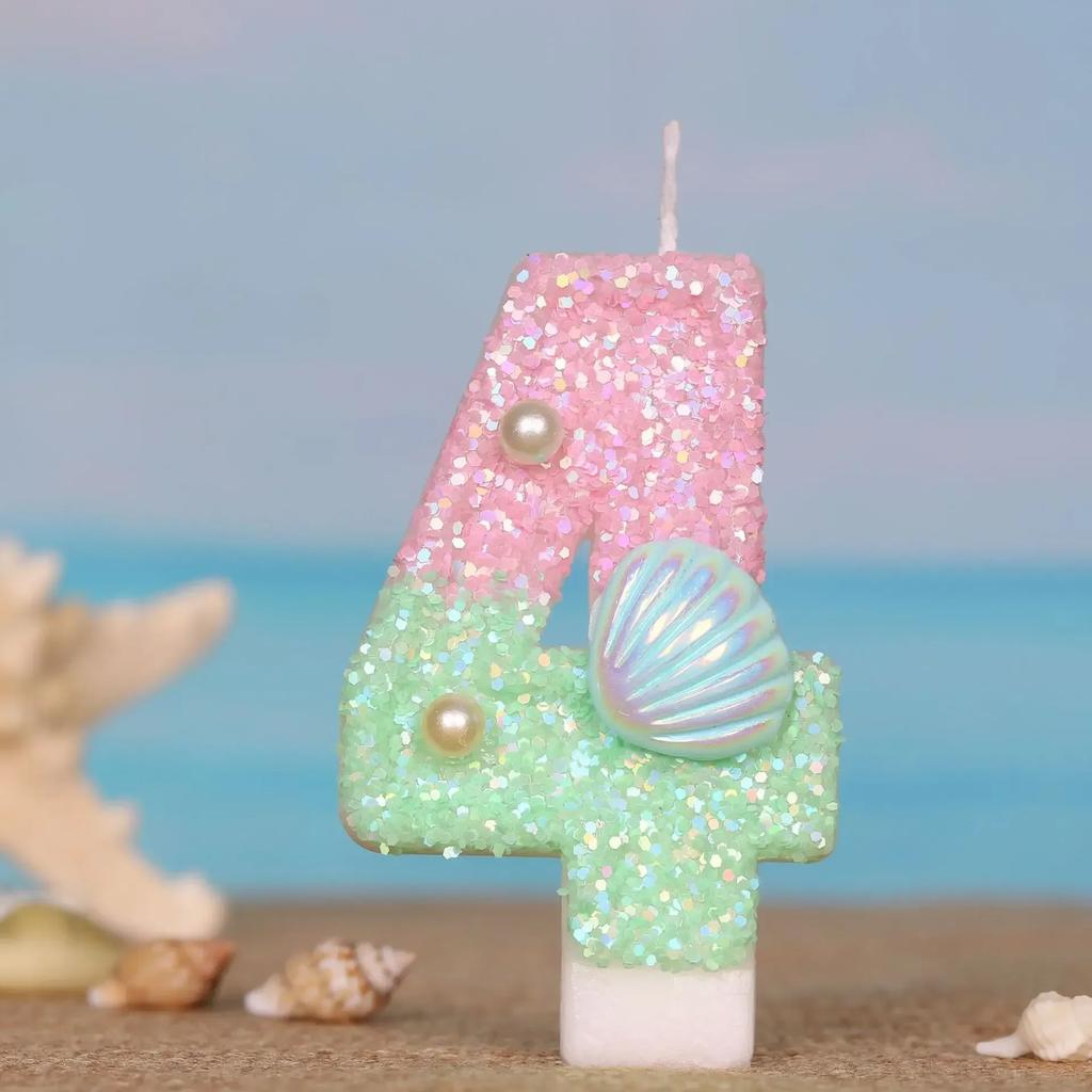 Ocean Mermaid Cake Candles Number 0-9 Number Candle Pink Green Cake Topper Candles Girls Birthday Party Cake Decoration Supplies