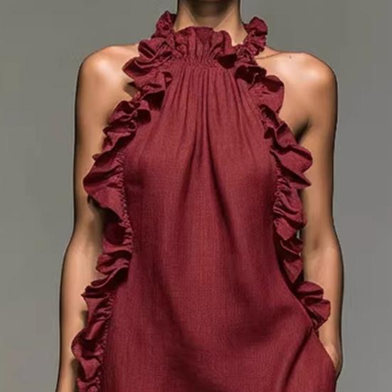 Summer Maxi Dress for Women Ruffle Halter Sleeveless Long A-Line Dress Casual Beach Vacation Flowy Sundress