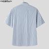 INCERUN Oversized Men Lapel Neck Short Sleeve Striped Print Pleating Shirts Tops