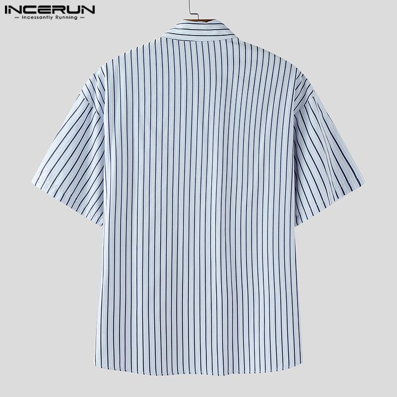 INCERUN Oversized Men Lapel Neck Short Sleeve Striped Print Pleating Shirts Tops