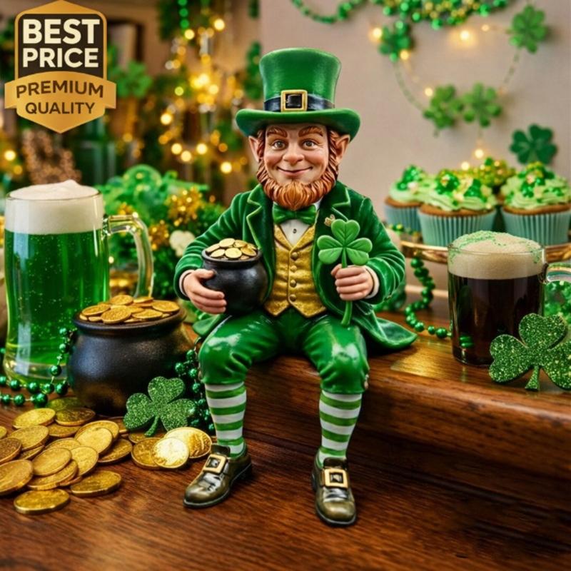 Patricks Day Leprechaun Collectible Resin Sitting Figurine with Shamrock For Shelf Or Desk Display Car Dashboards Decors