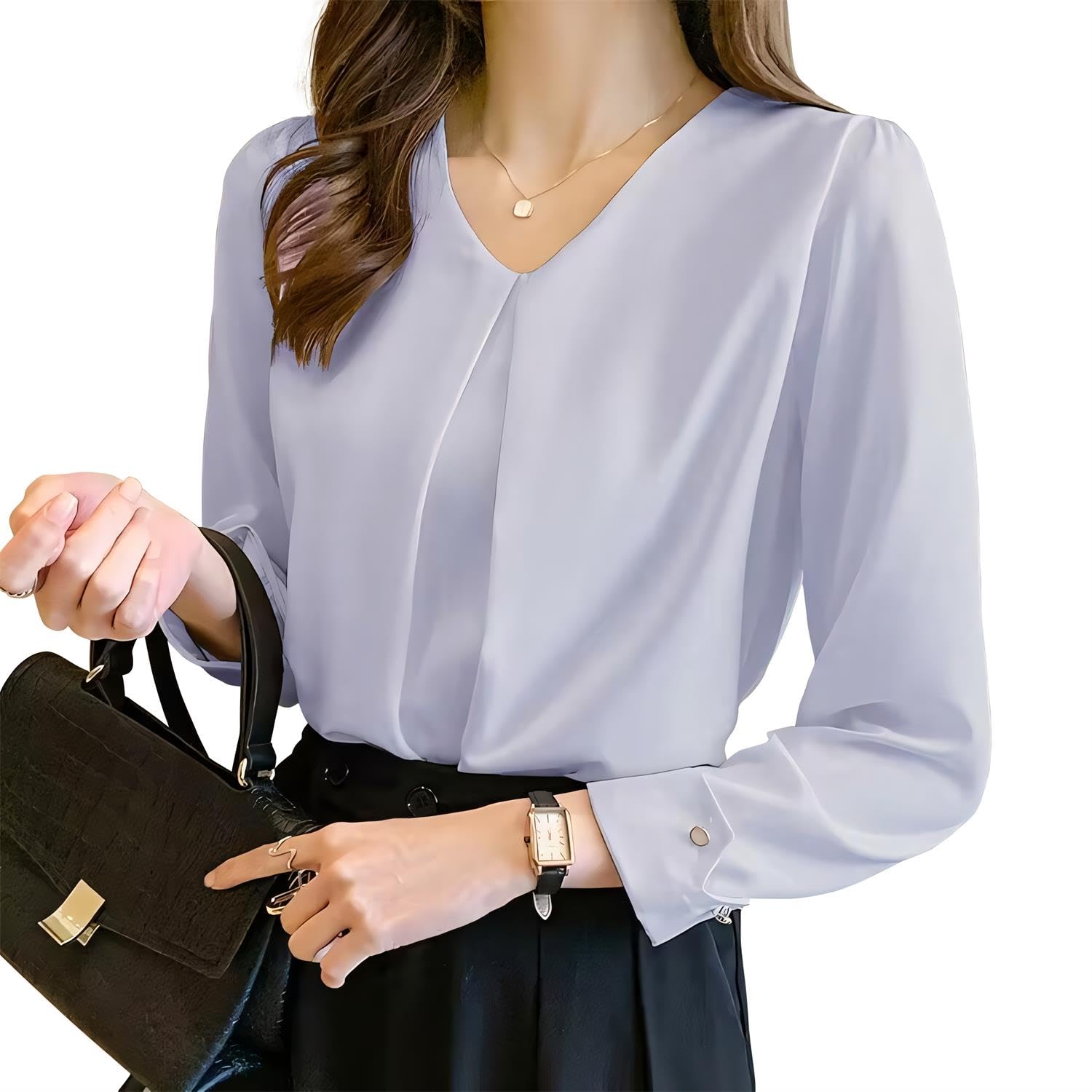 

[SYitong] Women s Long-Sleeved Chiffon V-Neck Shirt Blouse - Elegant, Relaxed Fit, Solid Color, Figure-Flattering, Stylish, Versatile, Suitable for Ev