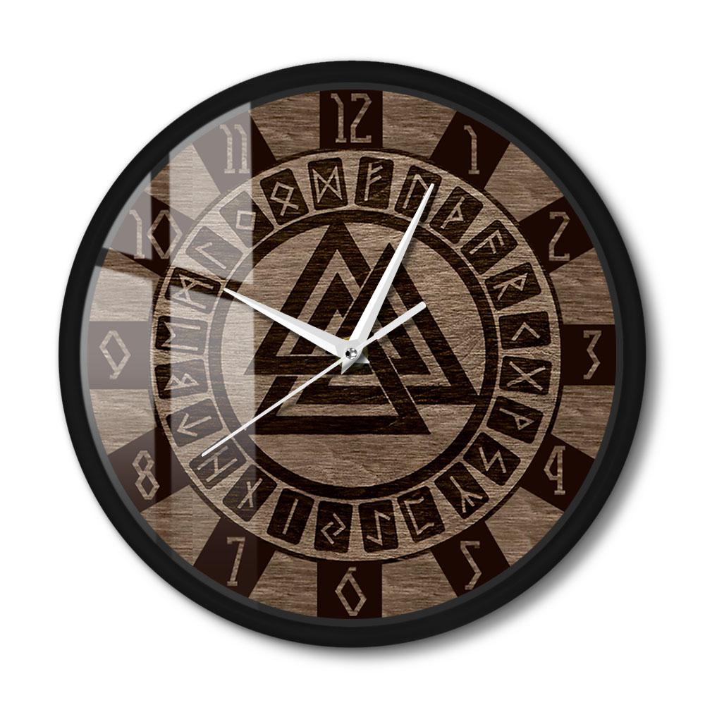 Nordisches Valknut-Symbol und Runen, modernes Design, Wanduhr, keltisches Muster, Amulett, Wohnkultur, Uhr, Wikinger-Kunstdruck, Wanduhr