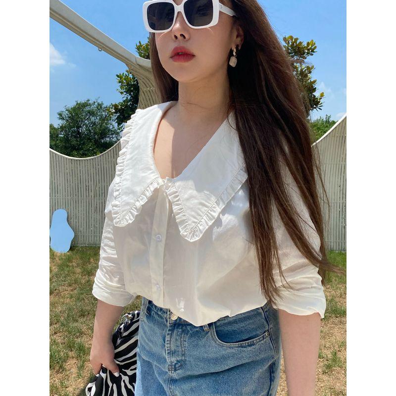 Miss Biggie Fashion Plus Size Thin and Comfortable Easiest for Match Boutique Full Cotton Poplin Doll Collar Long Sleeves Shirt