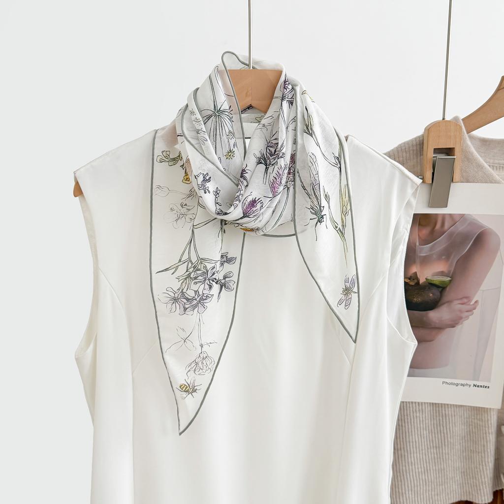 Literary Printing Triangle Scarf Women's Spring and Summer New Mulberry Silk Blended Small Square Scarf Versatile Scarf Headscarf Decorative