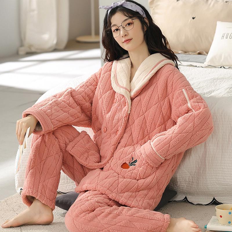Coral Velvet Quilted Pajamas Women's Winter Three Layer Thick and Fleece Home Wear Women's Winter Flannel Thermal Set