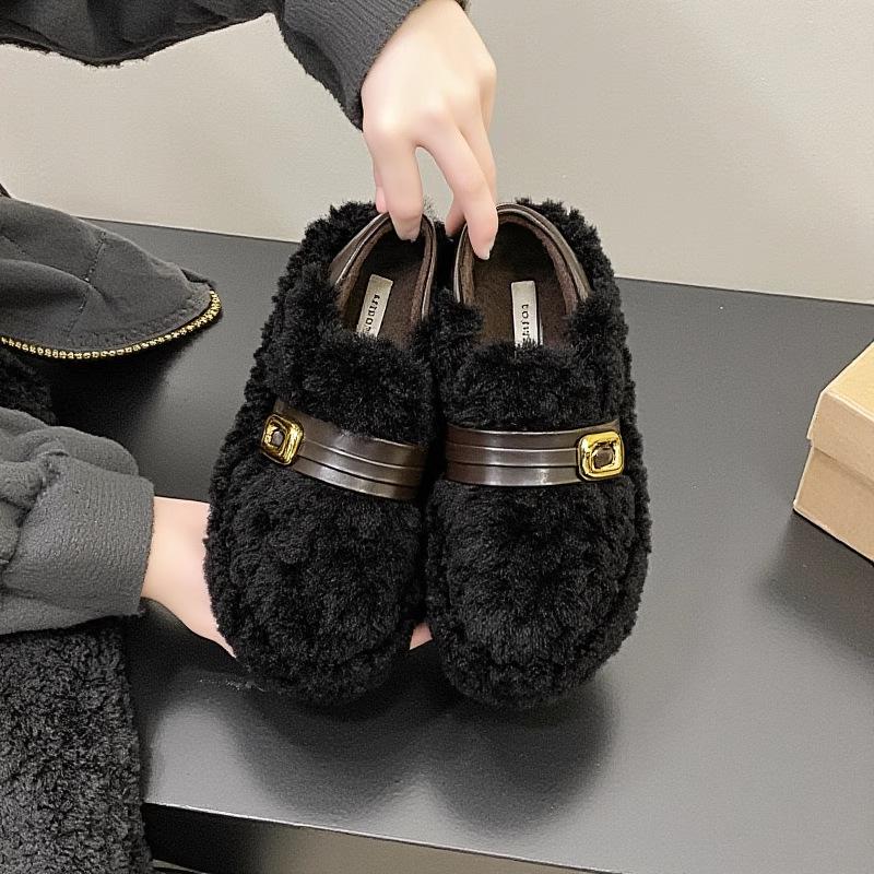 Lambswool Women's Fuzzy Winter Shoes 2025 - Fleece-lined, Thick Sole, Buckle, Warm Maternity Cotton Bean Shoes