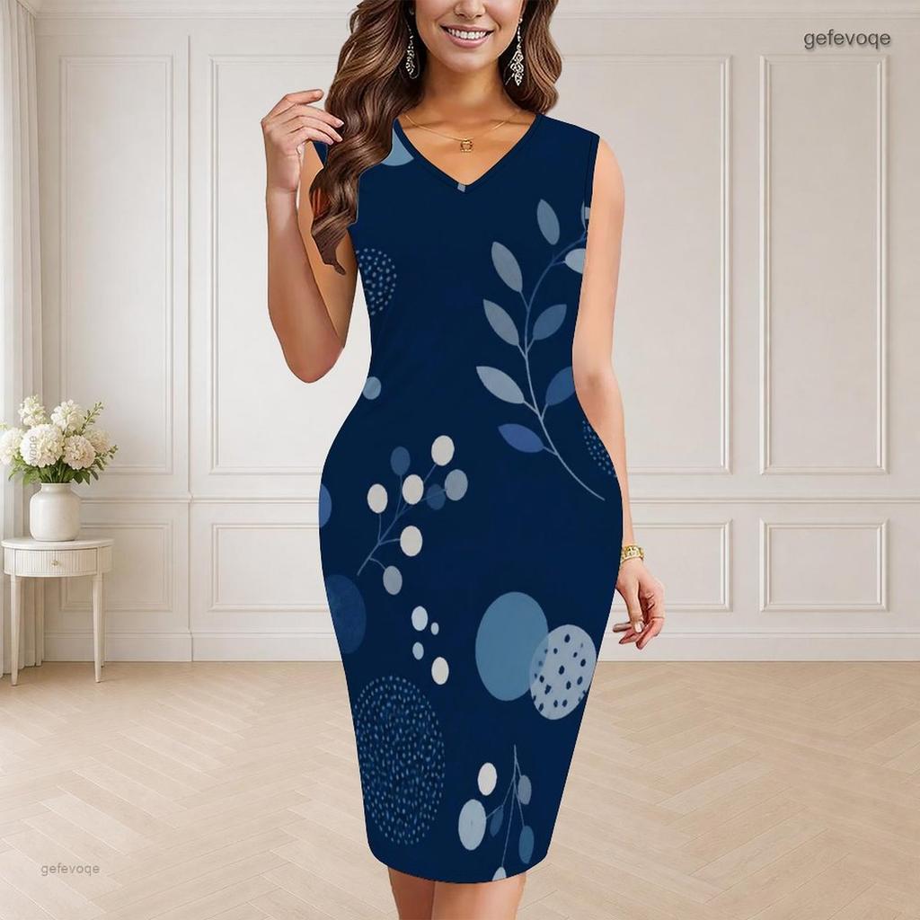 Women Plus Size White V Neck Sleeveless Printed Bodycon Midi Dress