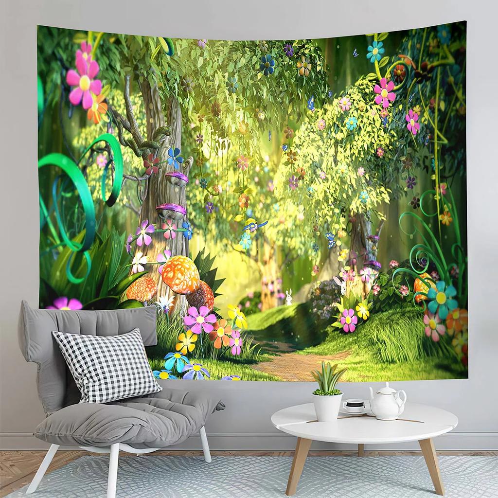 Fairy Tale Forest Tapestry Full Moon Night  Red Mushroom  Living Room Bedroom Dormitory