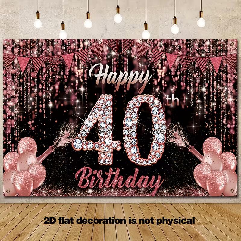 2D Rose Gold Diamond Happy 40th Birthday Backdrop for Women Party 47.2x31.5inch/120*80cm
