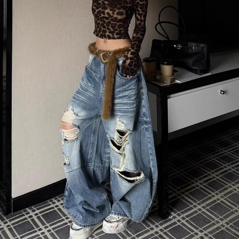 High-Waisted Wide Leg Distressed Denim Pants Men Women Streetwear Loose Fit Jeans