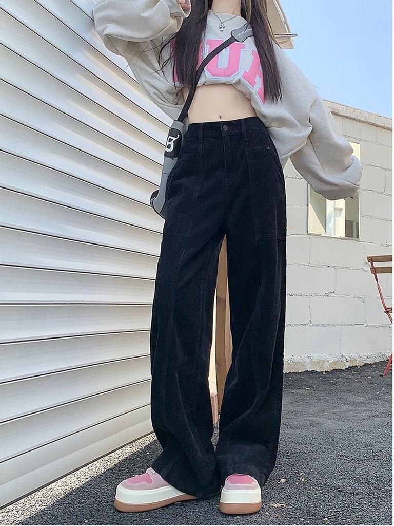 Pantaloni din Velur și Catifea côtelată Maro Retro Toamnă/Iarnă cu Crăpătură pe Picior Lărgit pentru Femei Înalte Talie Înaltă Colanți Lungi