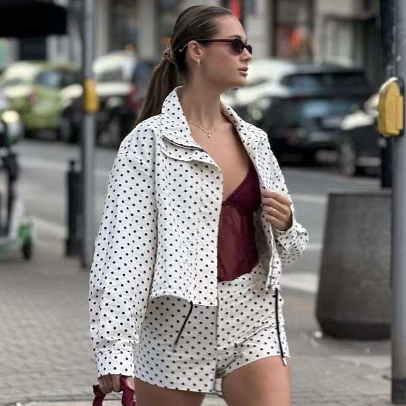 Giacca a pois Giacche da donna Mezza stagione Manica lunga oversize Capo esterno Aviatore Taglie forti Con zip Corto Cappotti