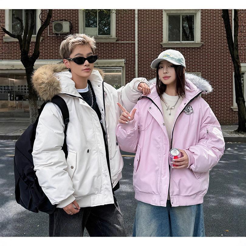 fur collar tooling cotton clothes women's short winter new loose men's and women's white pointed fur collar bread clothes jacket
