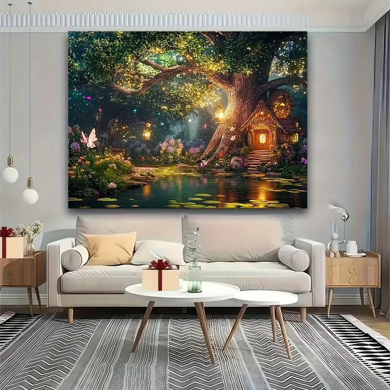 Arazzo 2D Casa sull'albero delle fiabe, Stagno magico nella foresta e farfalle da appendere alla parete, Sfondo fantasy