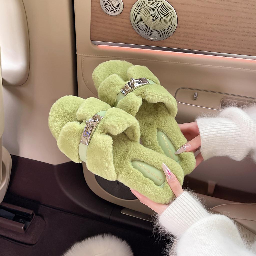 Korean version of fairy wind fluffy slippers female outer wear 2025 autumn and winter new Internet celebrity super fire fashion flat bottom cotton