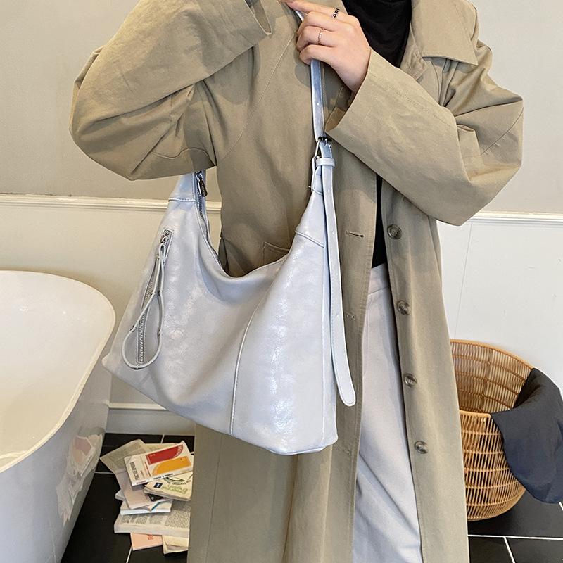 Vintage Simple Large Capacity Women's Shoulder Bag Korean Style Solid Color Casual Tote Bags Trendy PU Zipper Messenger Bags
